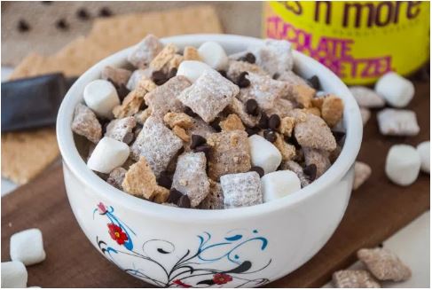 Nuts 'n More Chocolate Maple Pretzel S'mores Muddy Buddies - high-protein recipe with Nuts 'n More from Top Nutrition & Fitne