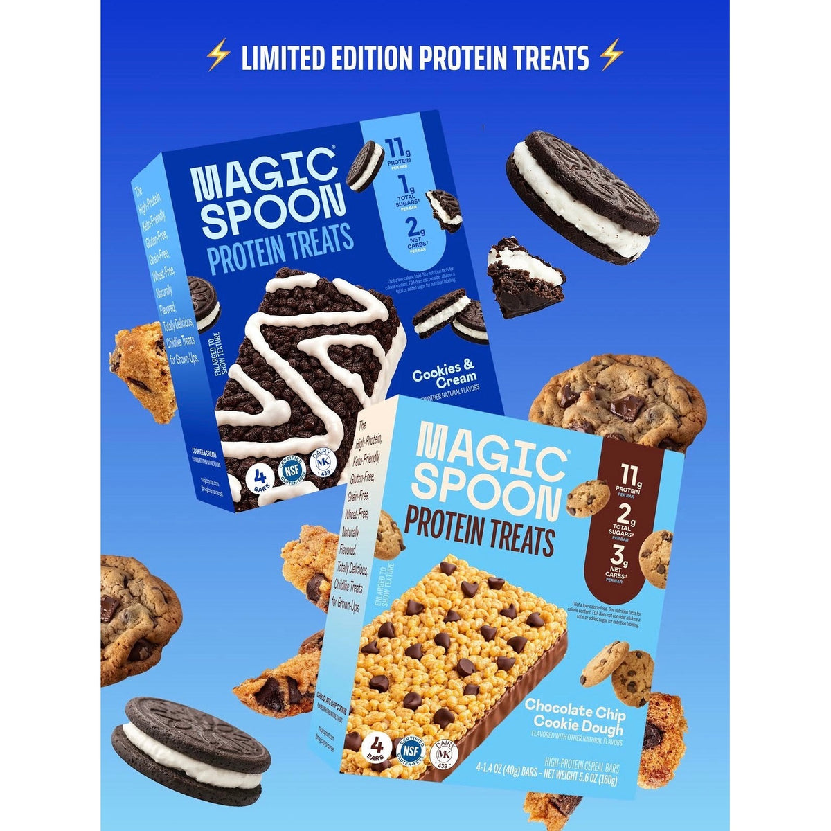 Magic Spoon Treats limited edition Cookies and Cream and Chocolate Chip Cookie Dough boxes with sandwich cookies