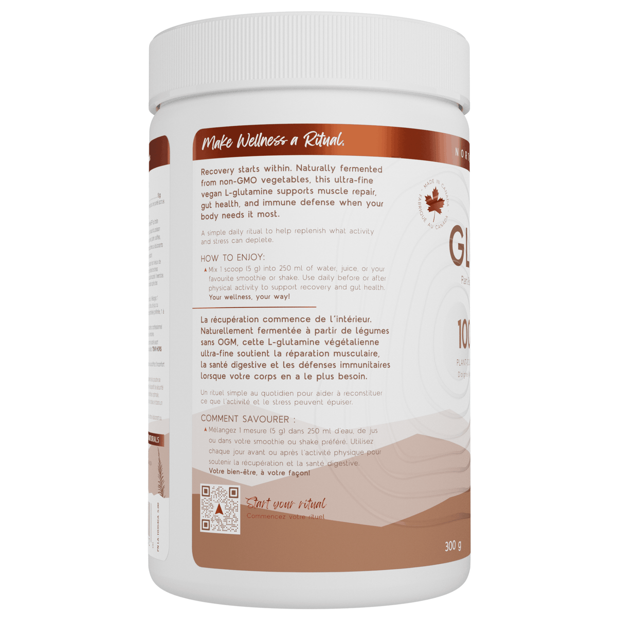 North Coast Naturals Fermented Glutamine side panel — mix 1 scoop (5 g) in 250 ml, 300 g tub
