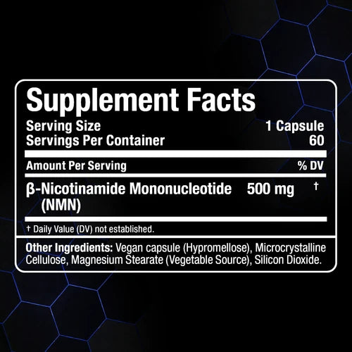 Supplement Facts for Allmax NMN — 500mg beta-Nicotinamide Mononucleotide per vegan capsule, 60 servings