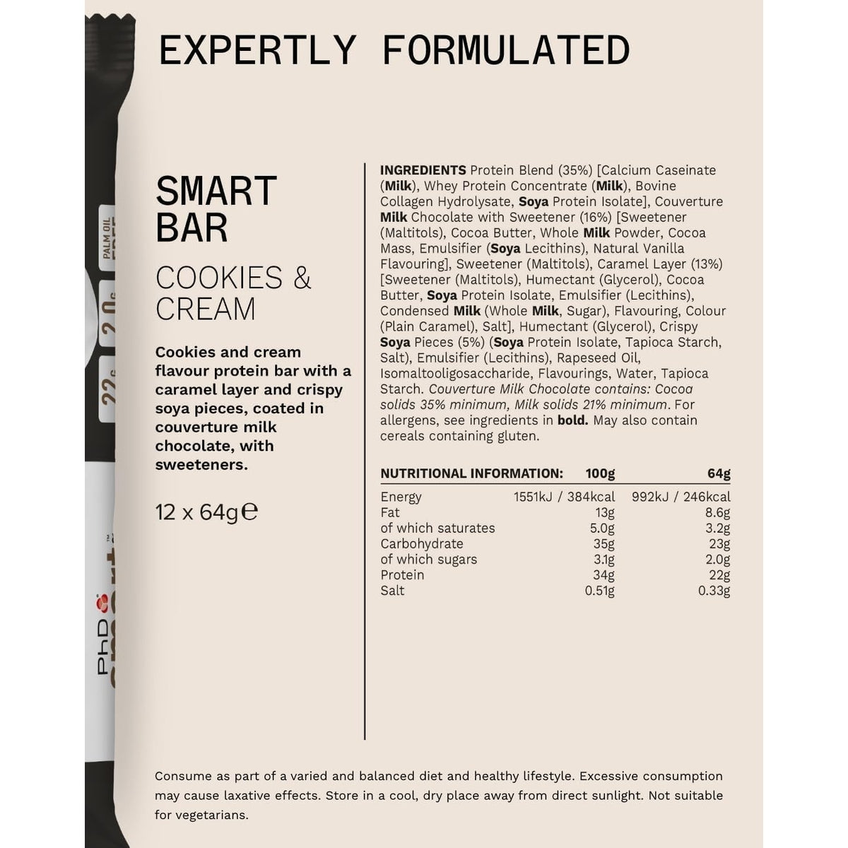 PhD Smart Cookies and Cream protein bar Nutrition Facts and ingredients panel, 12 x 64g
