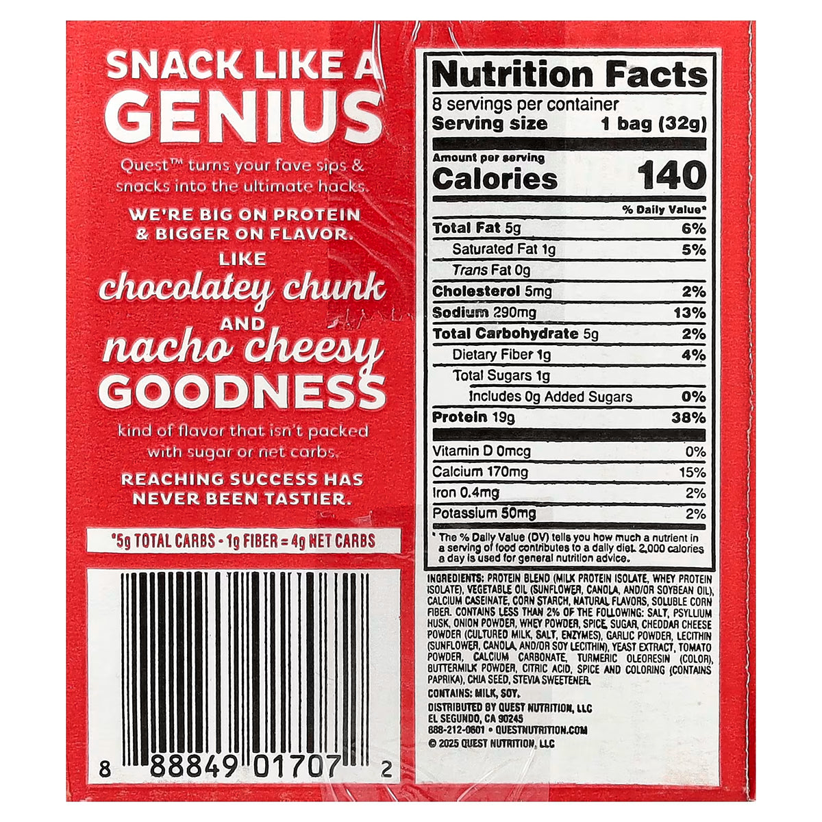 Quest Protein Chips Nutrition Facts with Snack Like a Genius panel — 140 calories and 19g protein