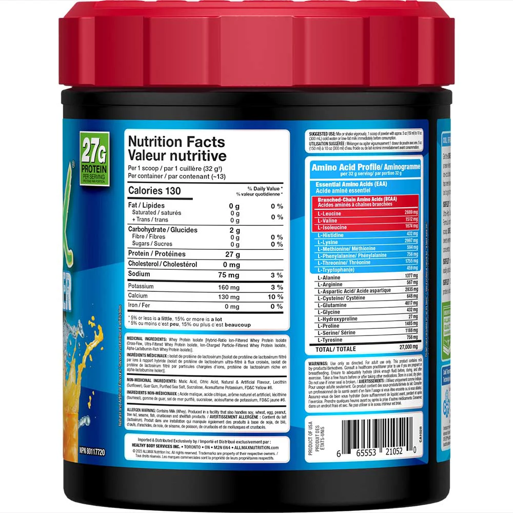 Allmax Isoflex 1lb (425g) — Nutrition Facts + Amino Acid Profile panel