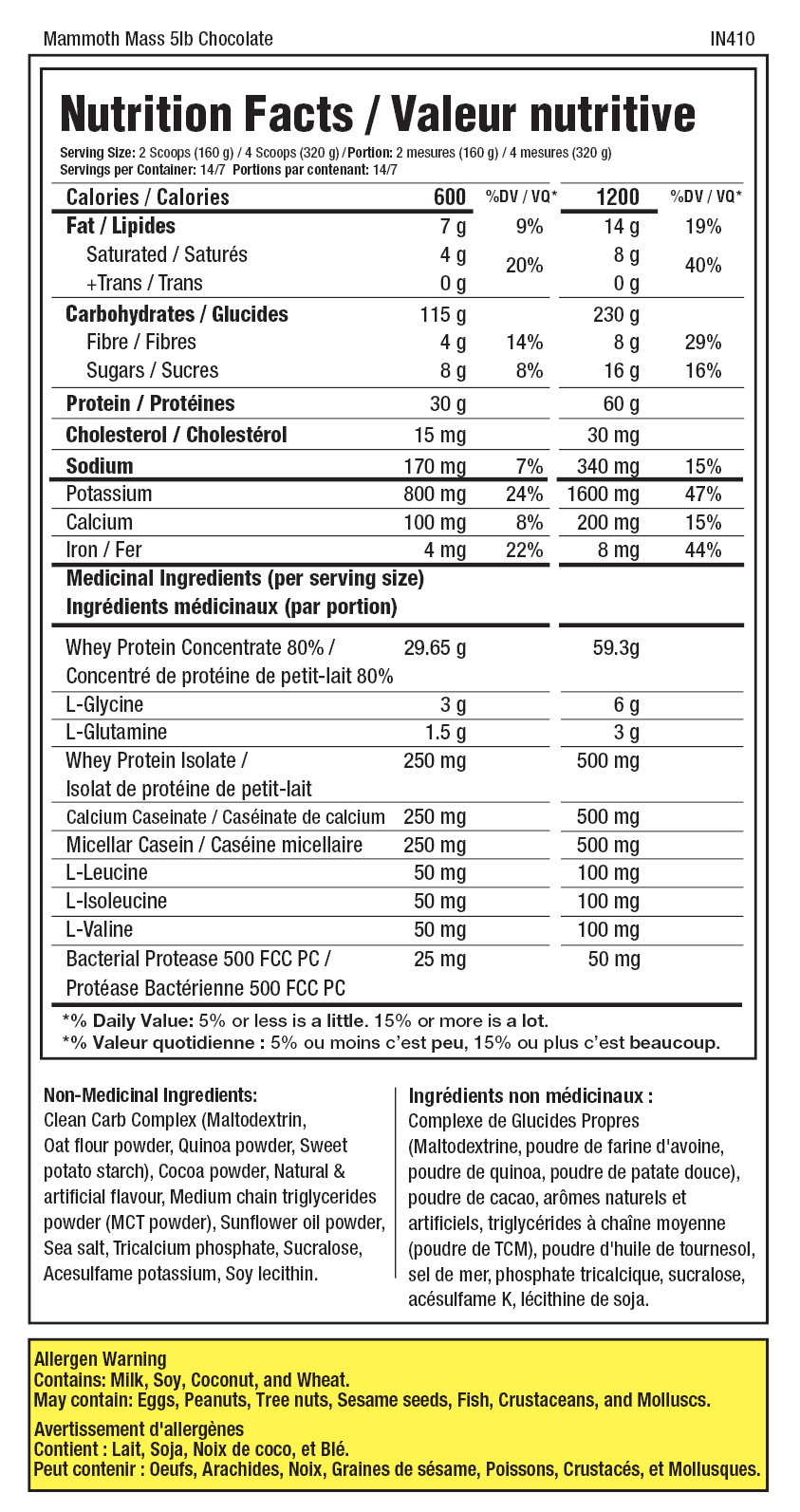 Mammoth Mass Gainer Protein Powder Supplement Facts label