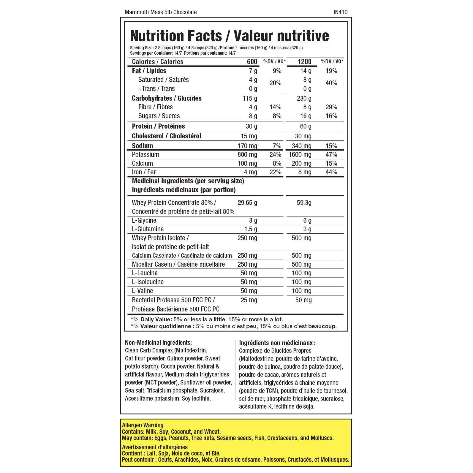Mammoth Mass Gainer Protein Powder Supplement Facts label