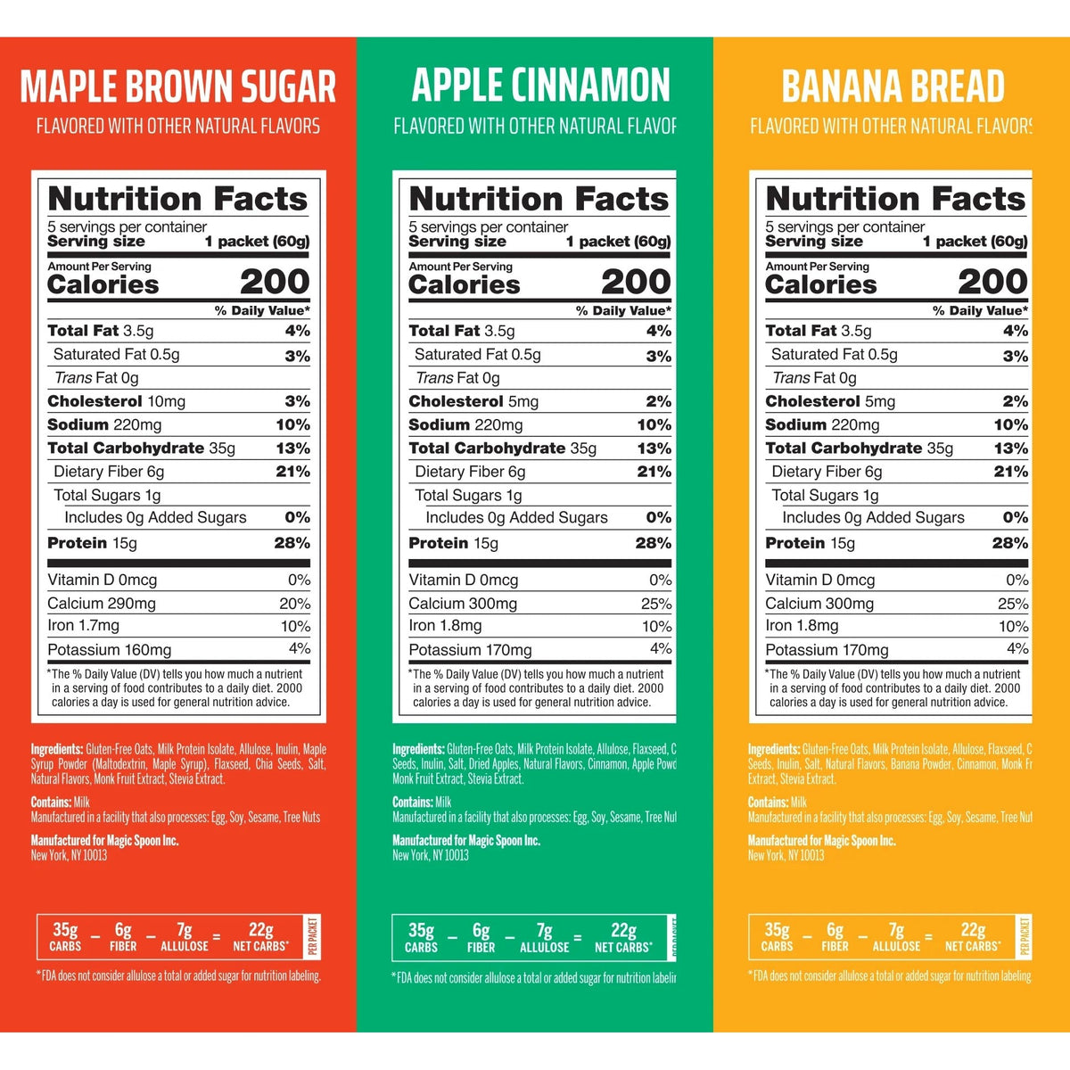 Magic Spoon Protein Oatmeal Nutrition Facts panels — Maple Brown Sugar, Apple Cinnamon and Banana Bread