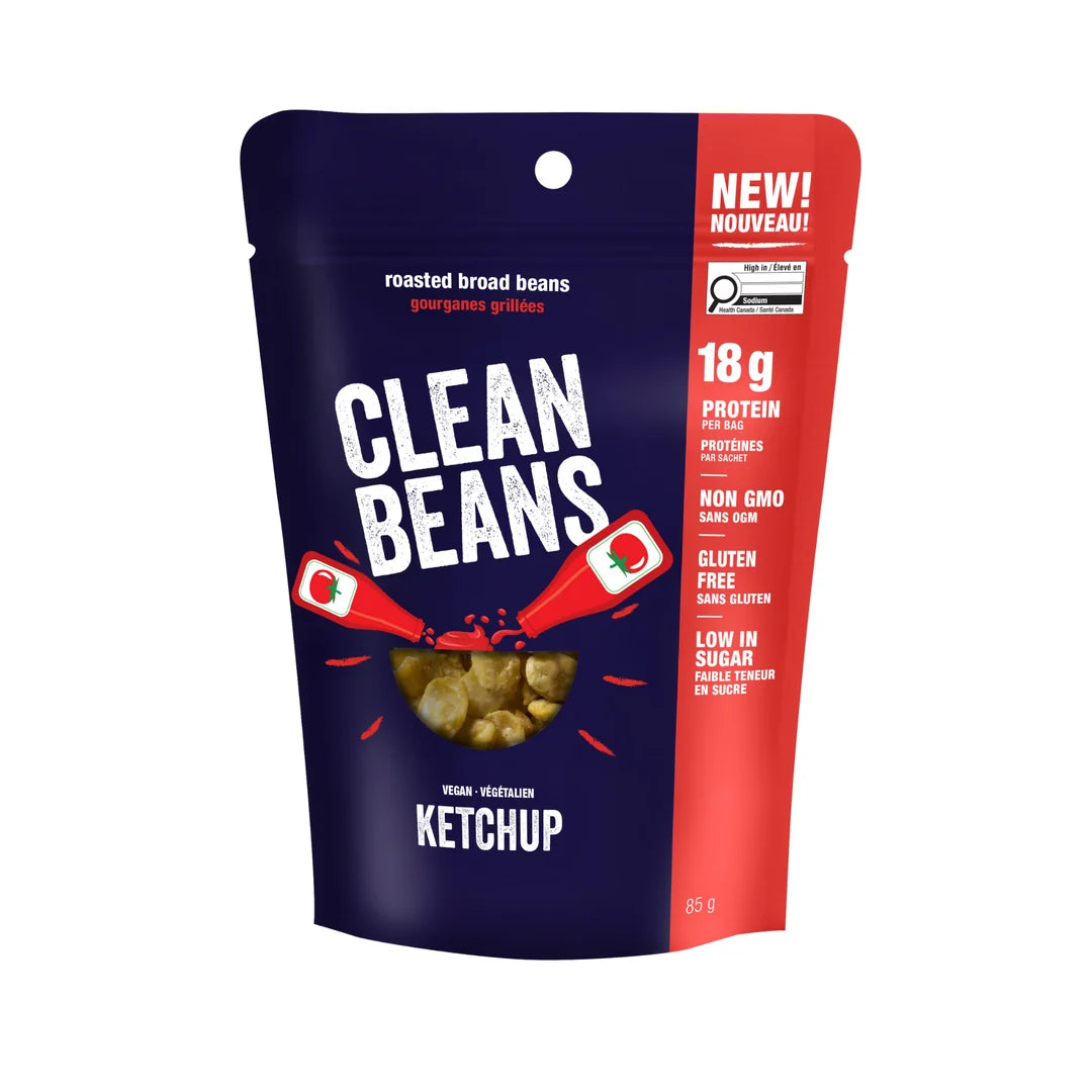 Nutraphase Clean Beans Ketchup roasted broad beans, navy and red bag, 18g protein per bag