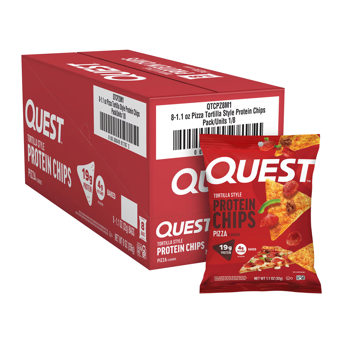 Quest Protein Chips Pizza flavor — shipping box with a bag of tortilla-style protein chips