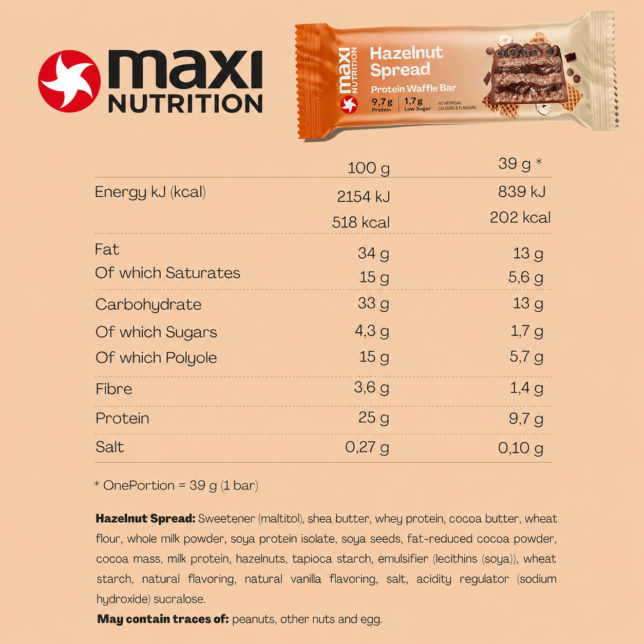 MaxiNutrition Hazelnut Spread Waffle Bar Nutrition Facts label and ingredients — 9.7g protein per bar