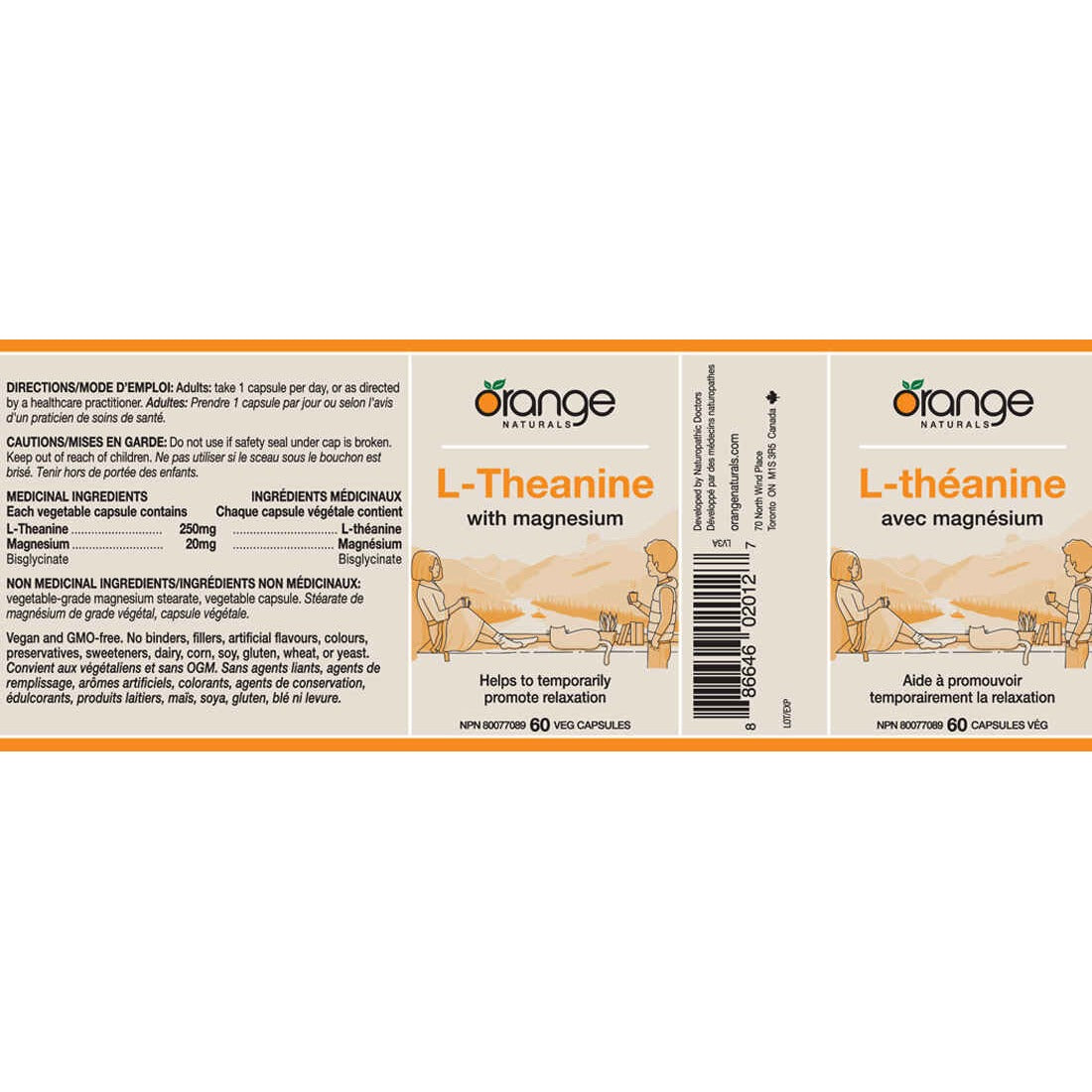 Orange Naturals L-Theanine + Magnesium 250mg (60 veg capsules) — Supplement Facts panel