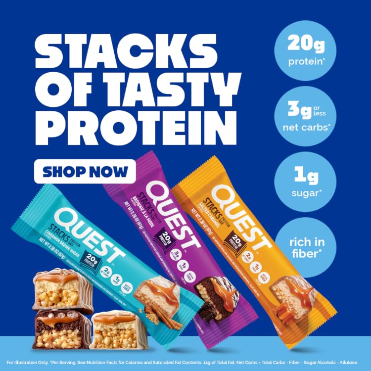 Quest Stacks protein bars banner: 20g protein, 3g or less net carbs, 1g sugar and rich in fibre per bar