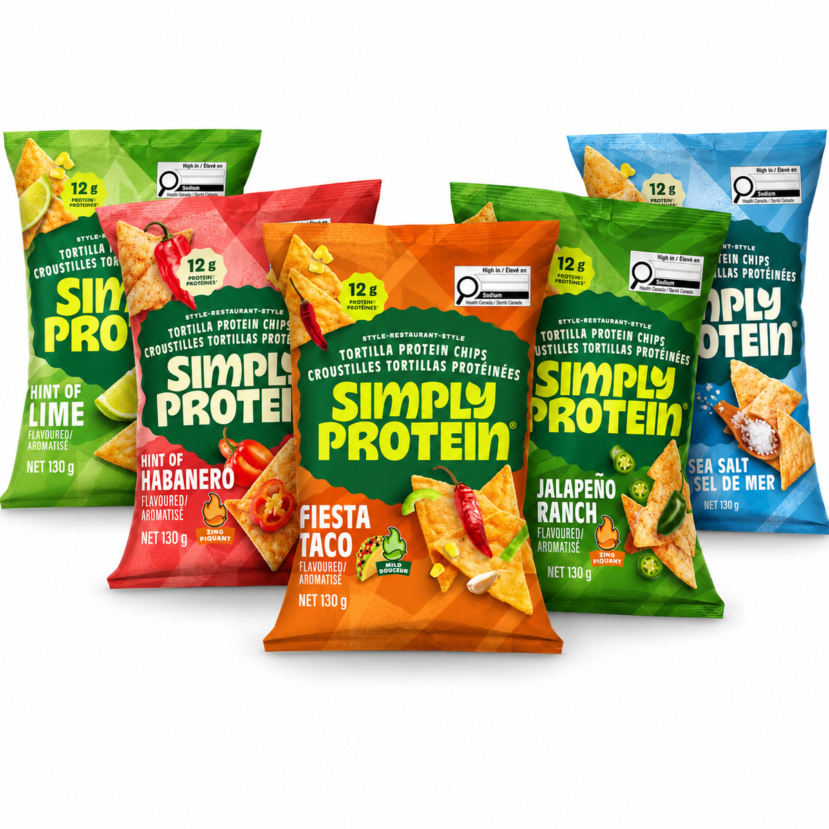 Simply Protein vegan tortilla chips bag — plant-based crunchy snack, multiple flavours