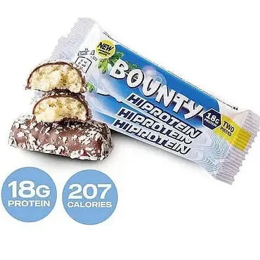 Bounty Hi-Protein Bar — coconut bar cross-section, 18g protein and 207 calories per bar