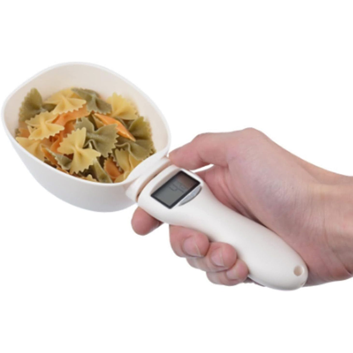 Detachable spoon lifted off the digital scale base for quick and thorough cleaning after use