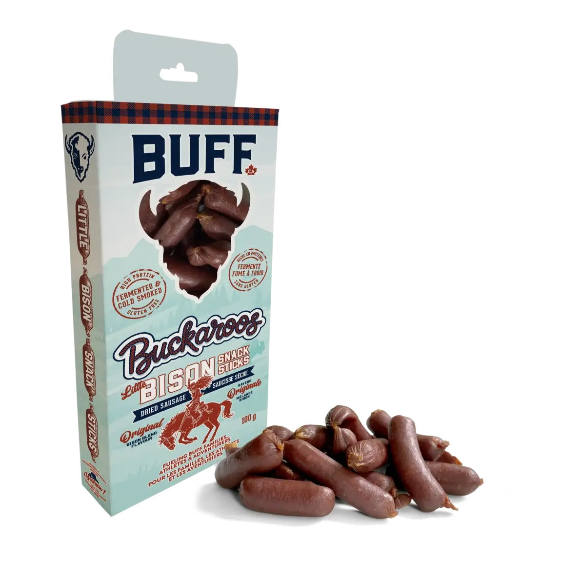BUFF Buckaroos little bison dried sausage snack sticks 100 g box front with loose mini sticks