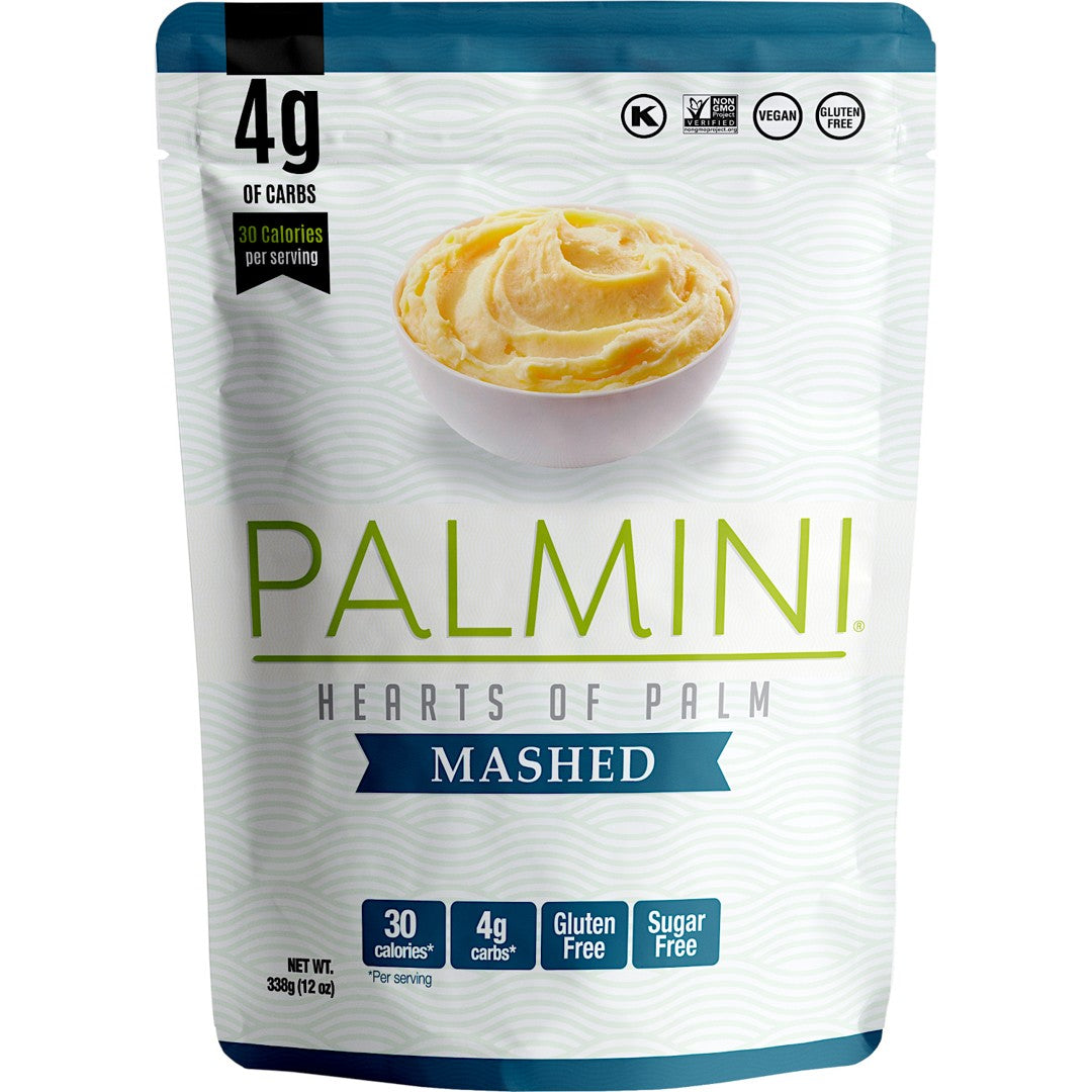 Palmini Hearts of Palm Mashed (Original), 338 g blue-trim pouch front with bowl of whipped mash