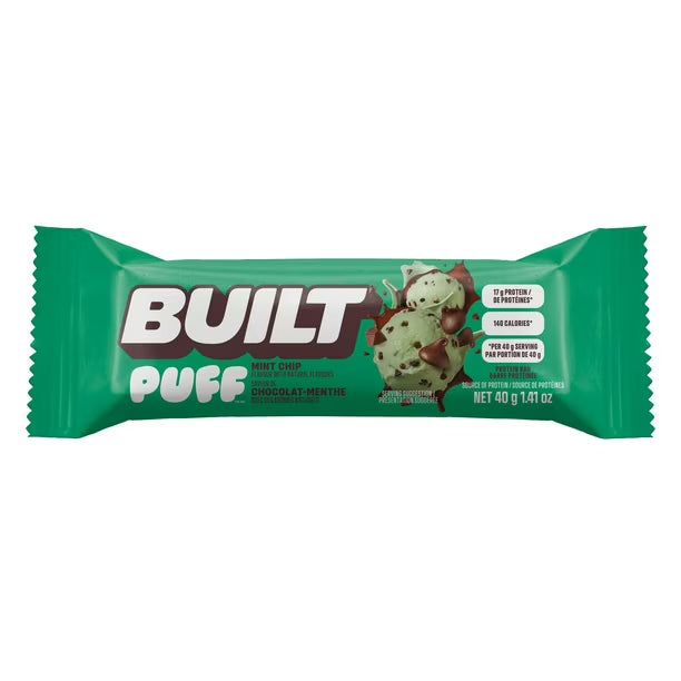 Built Puffs Mint Chip protein bar in green mint wrapper — 17g protein, 140 calories, gluten-free