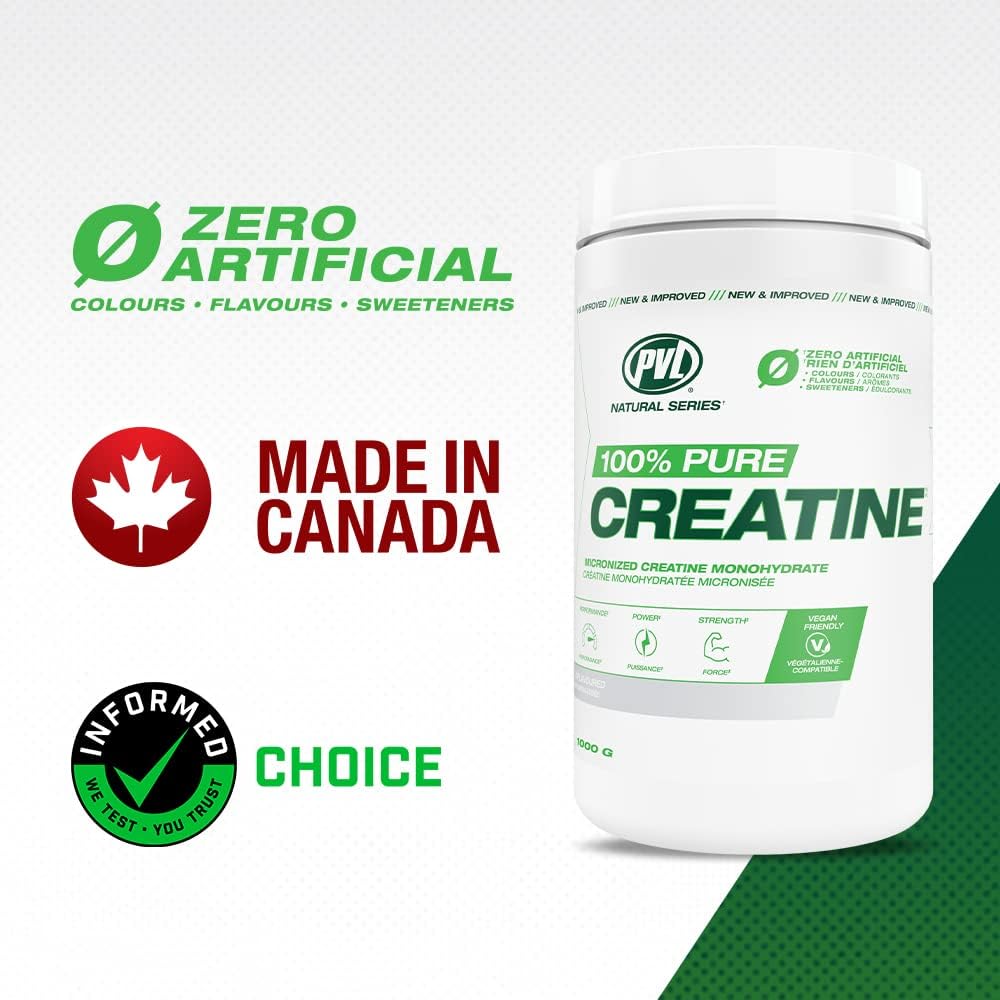 PVL 100% Pure Creatine Monohydrate — Micronized, Pharmaceutical-Grade, Unflavoured (1000g / 200 Servings) — micronized creatine monohydrate powder