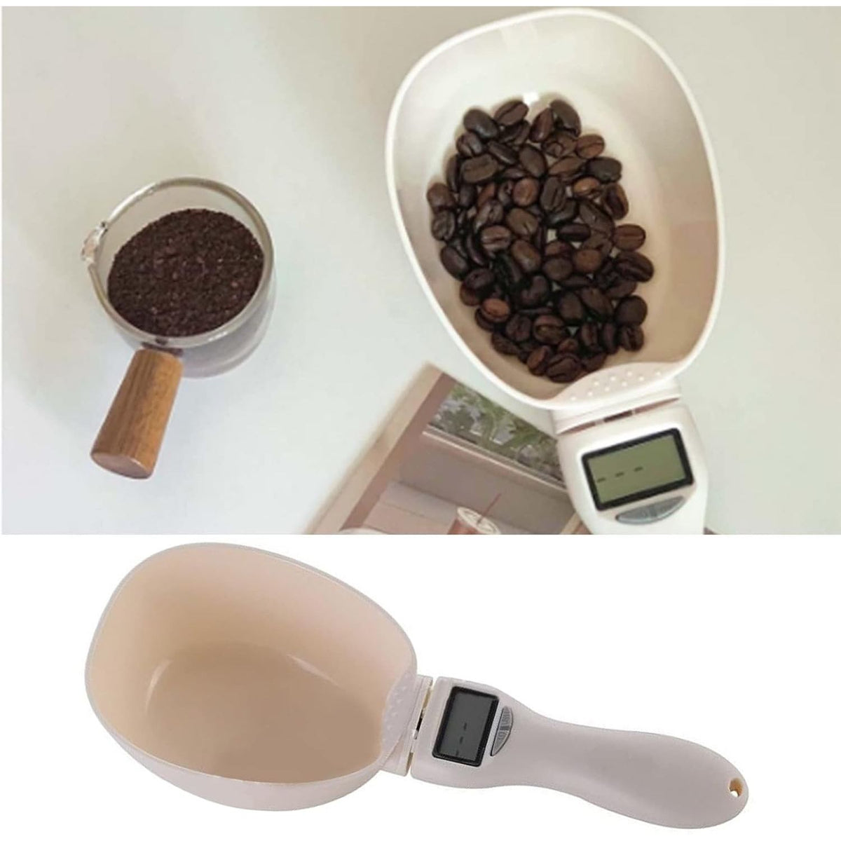 Digital measuring spoon scale holding a scoop of powder while showing the weight on the LCD display