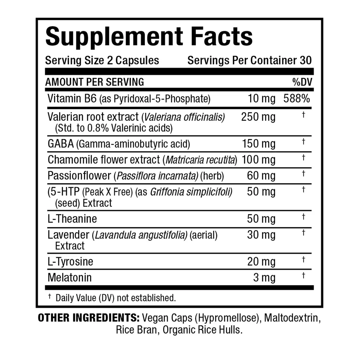 Allmax Lights Out Sleep 60 capsules — Supplement Facts panel. Per 2 capsules: Vitamin B6 10mg (588% DV), Valerian 250mg