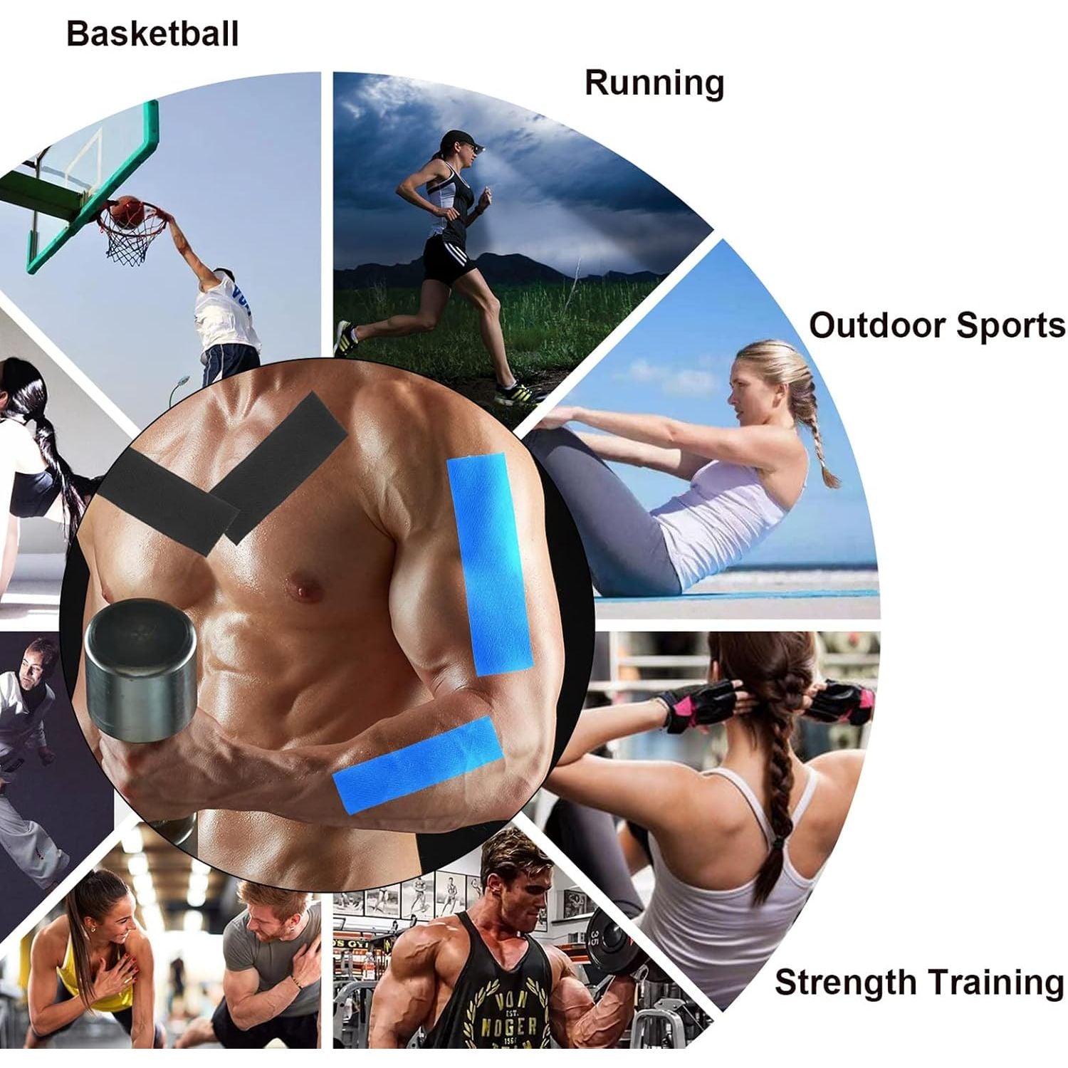 Kinesiology Tape (K-Tape) — sports use collage across basketball, running, outdoor sports and strength training