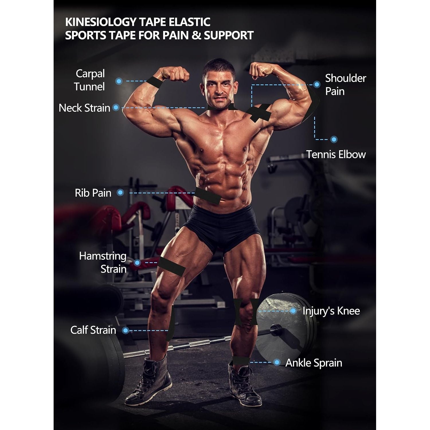 Kinesiology Tape (K-Tape) — athlete with black tape mapped to shoulder, knee, calf and other pain support zones