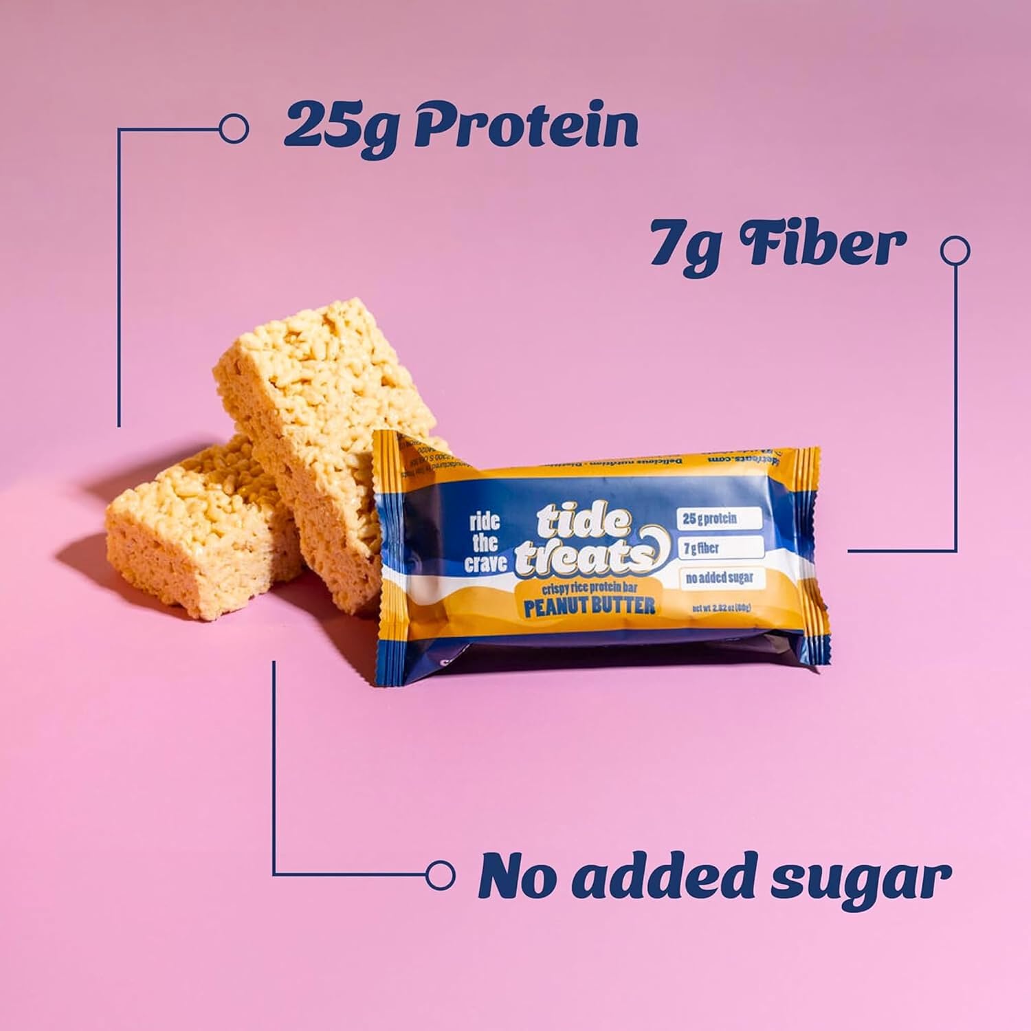 Tide Treats Peanut Butter crispy rice protein bar — bars with feature callouts, 25g protein, 7g fiber, no added sugar