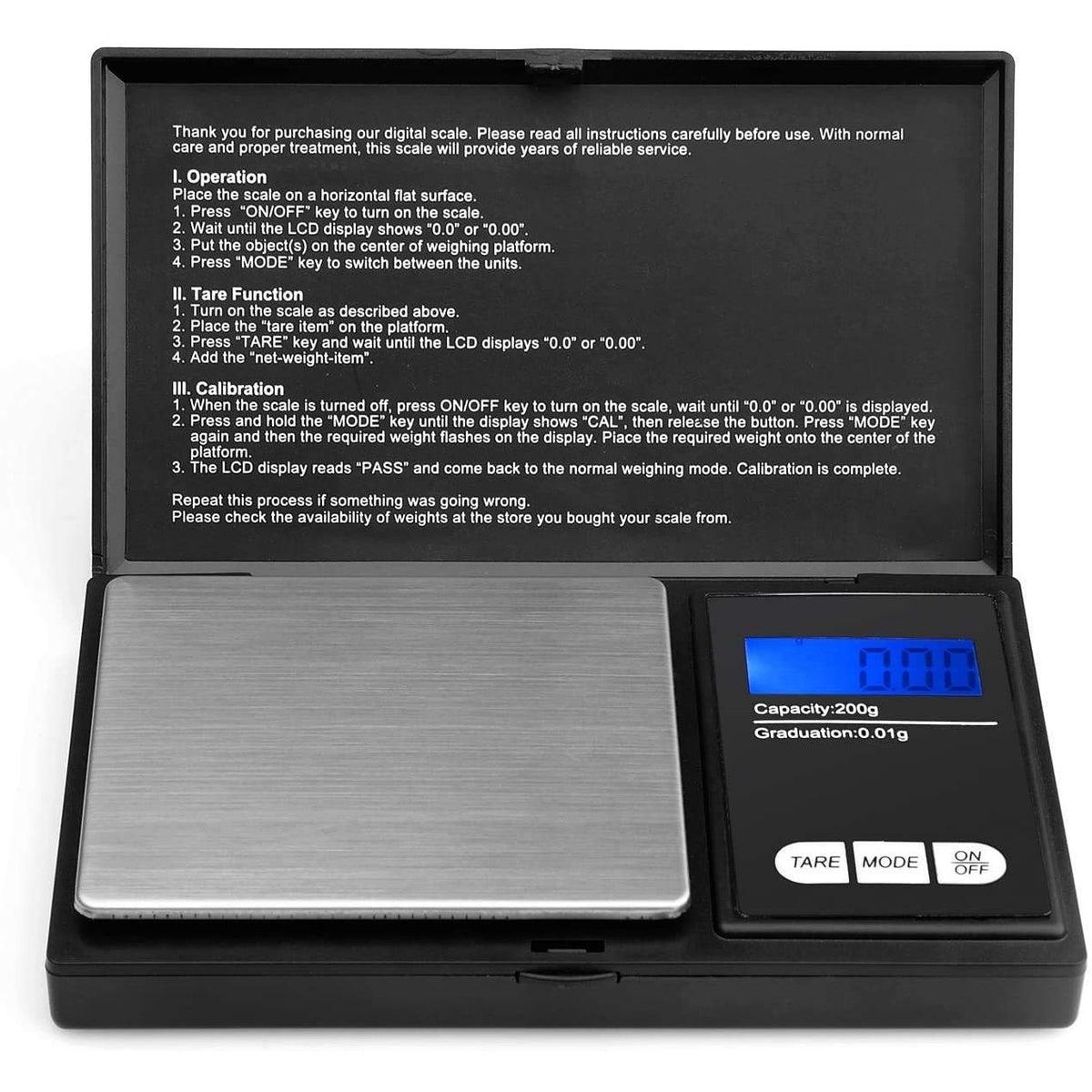 Digital pocket scale weighing to 200g in 0.01g increments with backlit LCD display