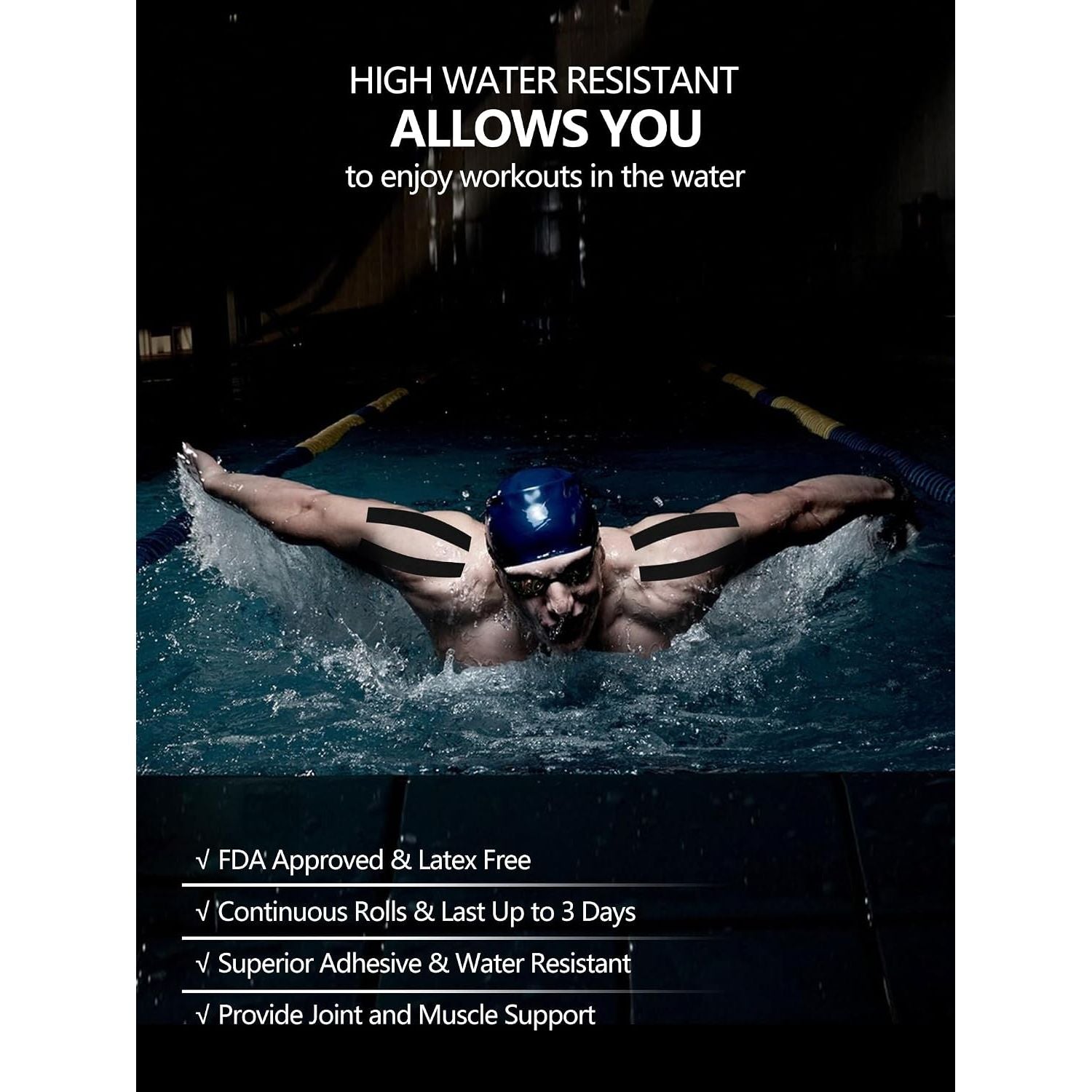 Kinesiology Tape (K-Tape) — swimmer wearing black tape, high water-resistant latex-free sports tape in the pool