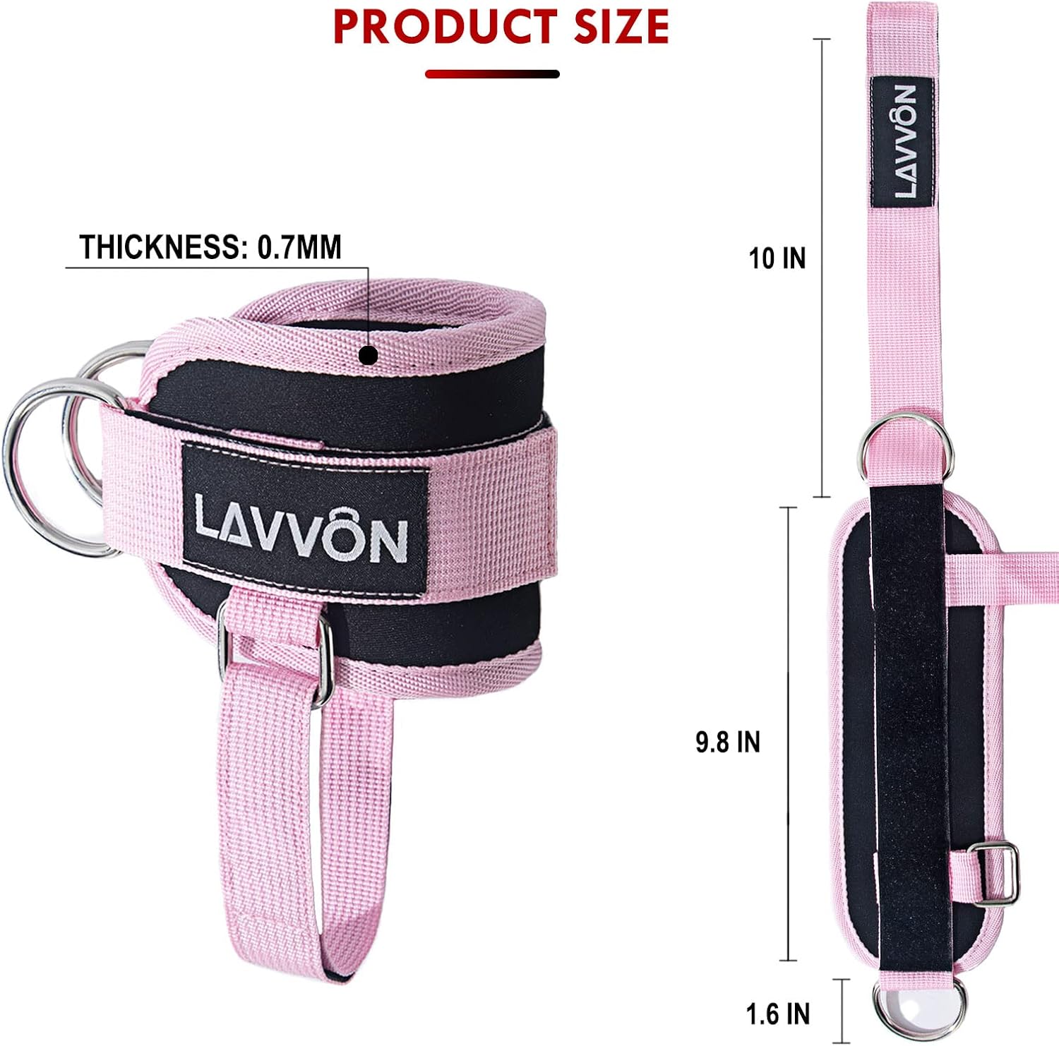 Neoprene ankle cuff detail showing 8mm padding and a reinforced steel double D-ring for heavy sets