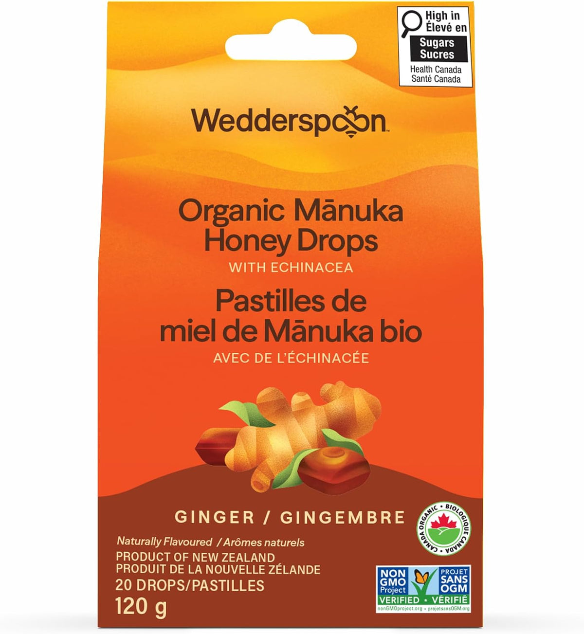 Wedderspoon organic Manuka honey ginger throat drops, individually wrapped lozenges