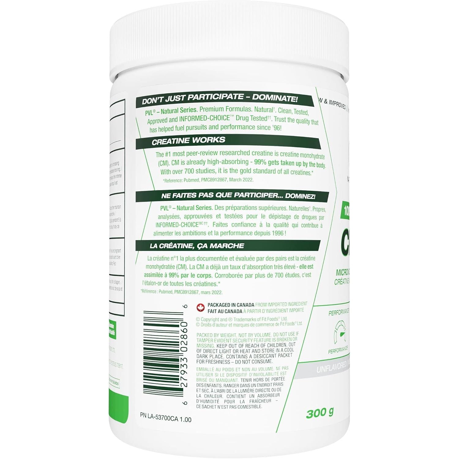 PVL 100% Pure Creatine Monohydrate — Micronized, Pharmaceutical-Grade, Unflavoured (300g / 60 Servings) — micronized creatine monohydrate powder (view 2)