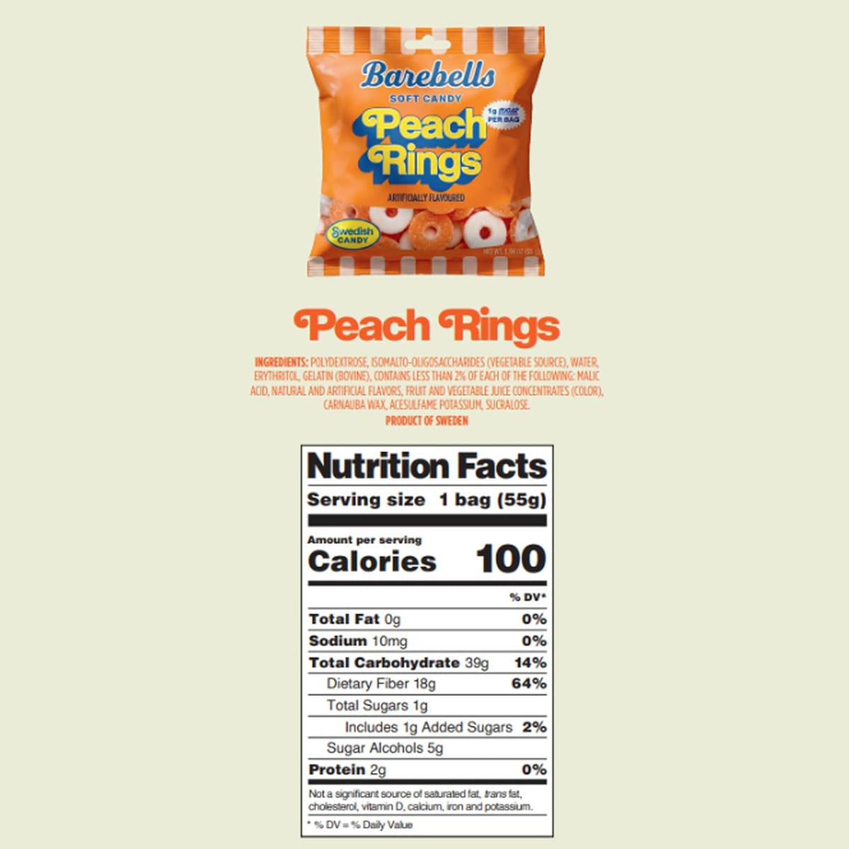 Barebells Soft Candy Peach Rings Nutrition Facts panel and ingredients list for the 55g bag