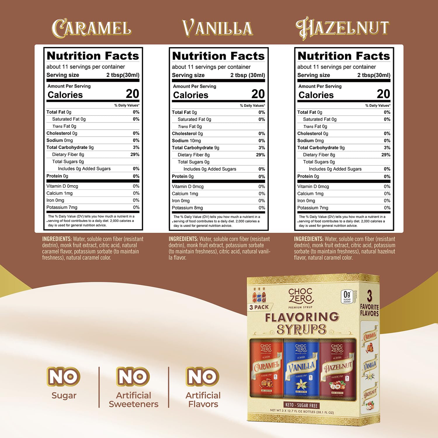 ChocZero Sugar Free Coffee Syrup Trio (3 x 10.8oz small bottles)