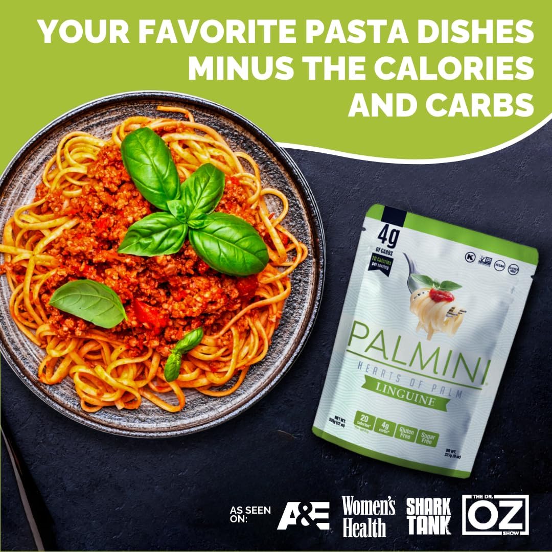 Plate of Palmini Hearts of Palm Linguine with tomato meat sauce and basil beside the green Linguine pouch