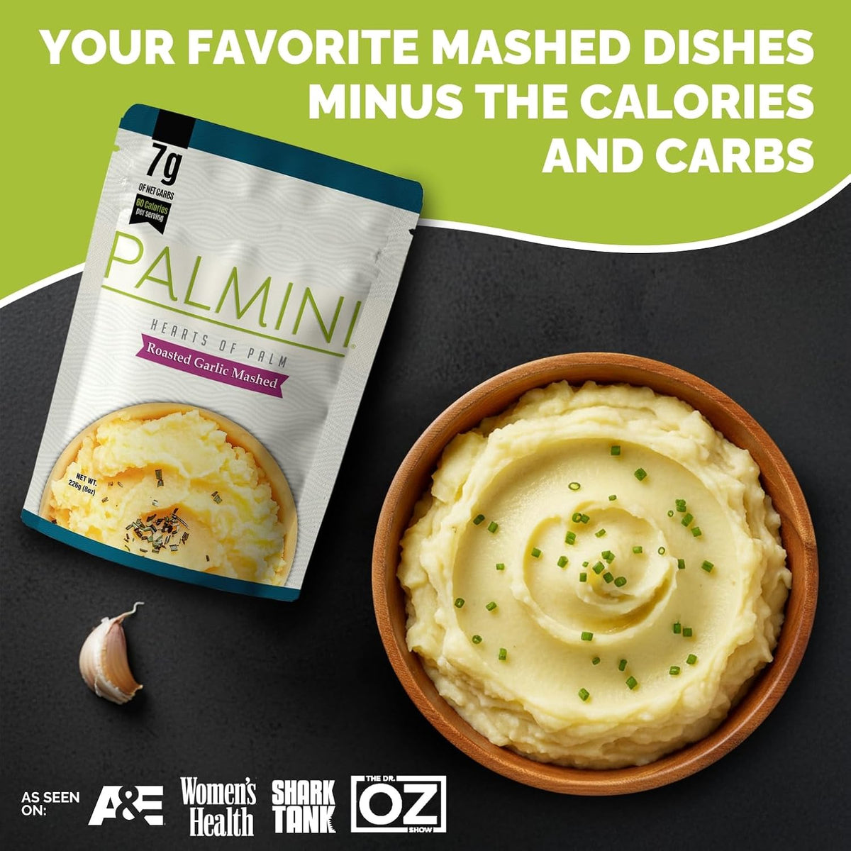 Palmini Hearts of Palm Roasted Garlic Mashed pouch beside a wooden bowl of creamy mash topped with chives