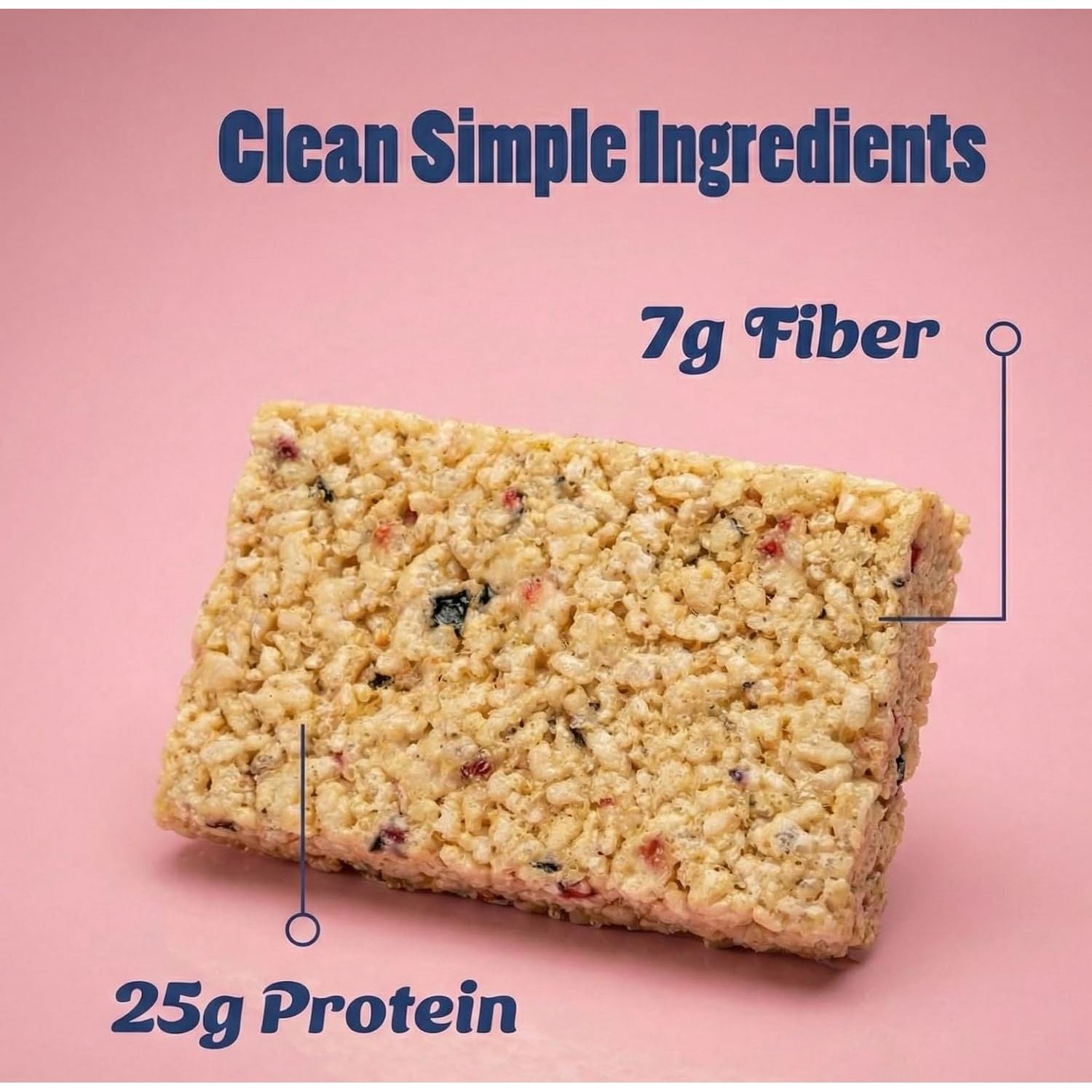 Tide Treats Island Berry crispy rice protein bar — closeup with clean simple ingredients, 25g protein, 7g fiber