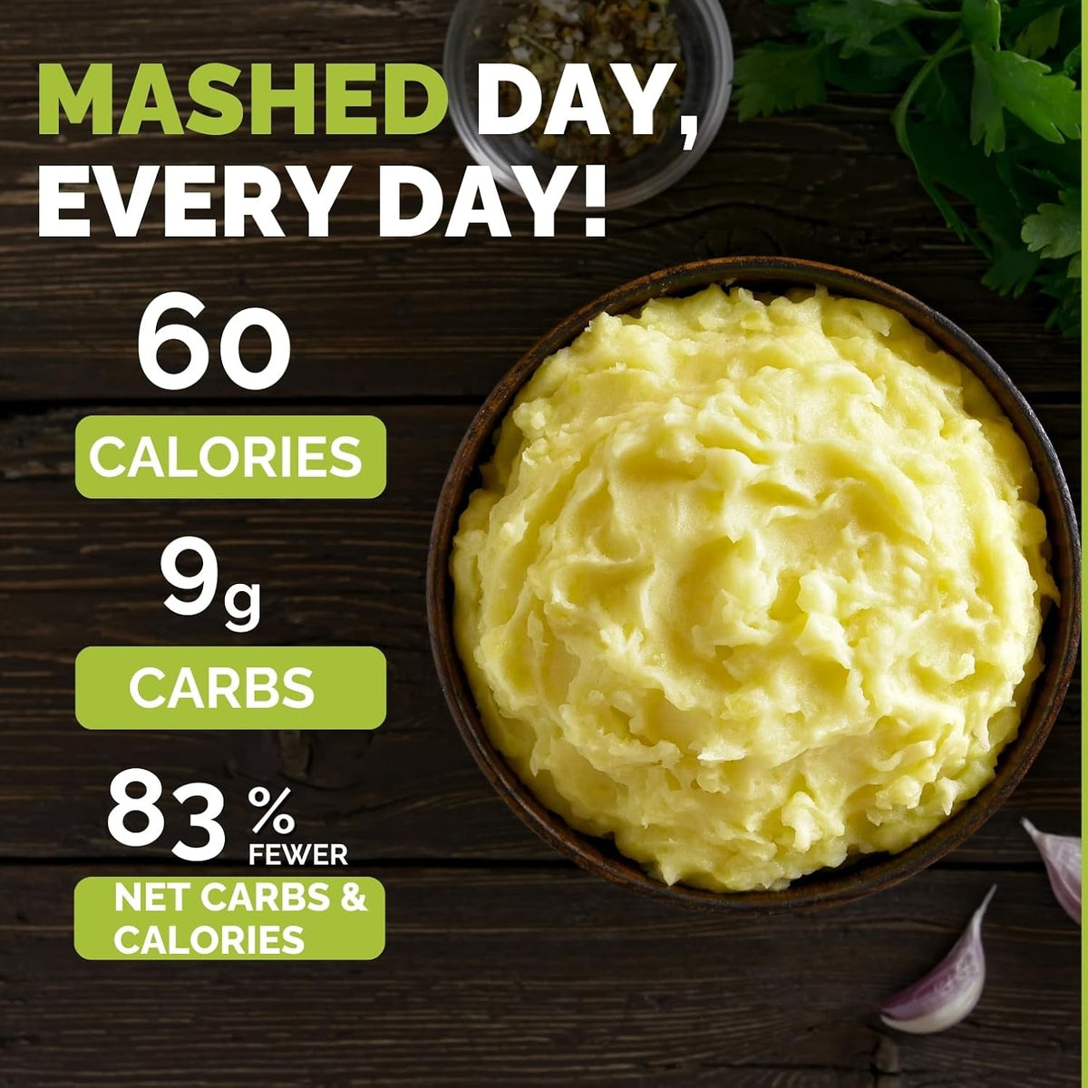 Bowl of creamy Palmini Hearts of Palm mashed highlighting 60 calories and 9 g carbs per serving