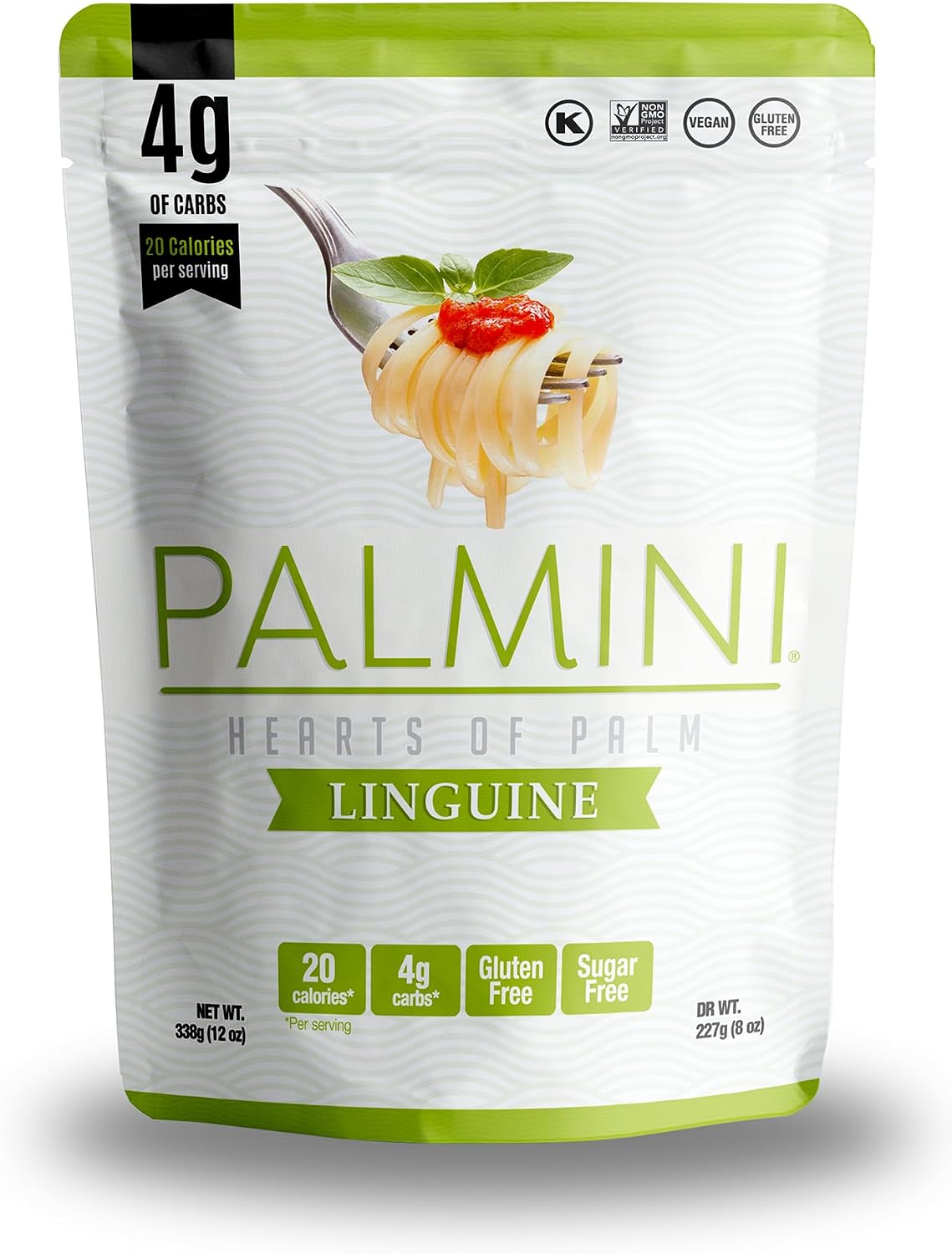 Palmini Hearts of Palm Linguine low carb pasta, 338 g green-trim pouch front with fork of saucy noodles