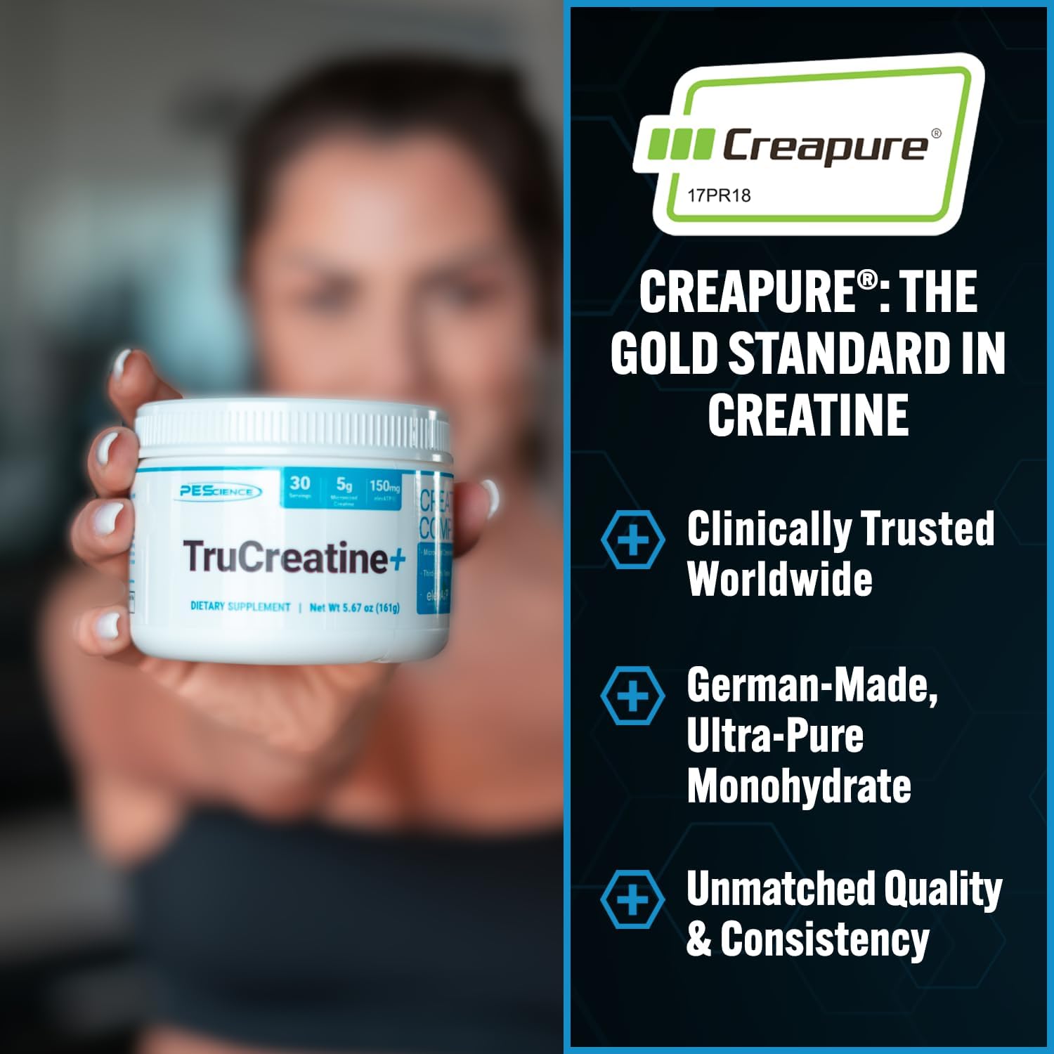 PEScience TruCreatine+ Creapure® Micronized Creatine Monohydrate Powder (150g - 30 Servings) — micronized creatine monohydrate powder (view 2)