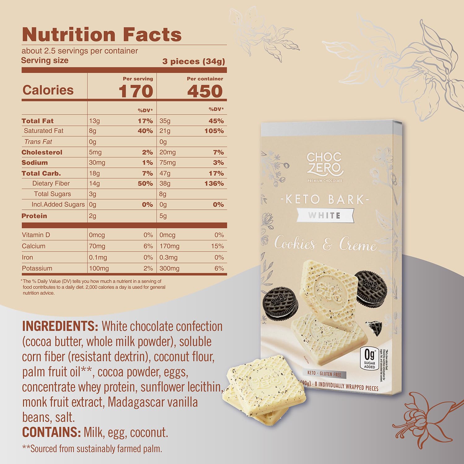 ChocZero Sugar Free Keto Bark (1 bar of 8 pieces)