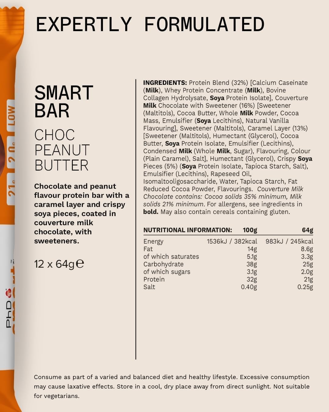 PhD Smart Choc Peanut Butter protein bar Nutrition Facts and ingredients panel, 12 x 64g