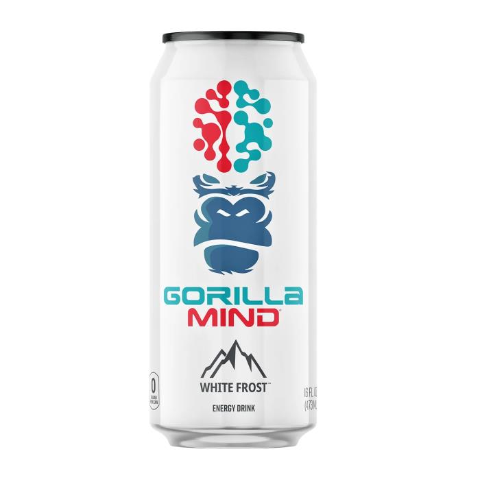 Gorilla Mind Energy Drink — White Frost front of can, 16 fl oz, zero sugar