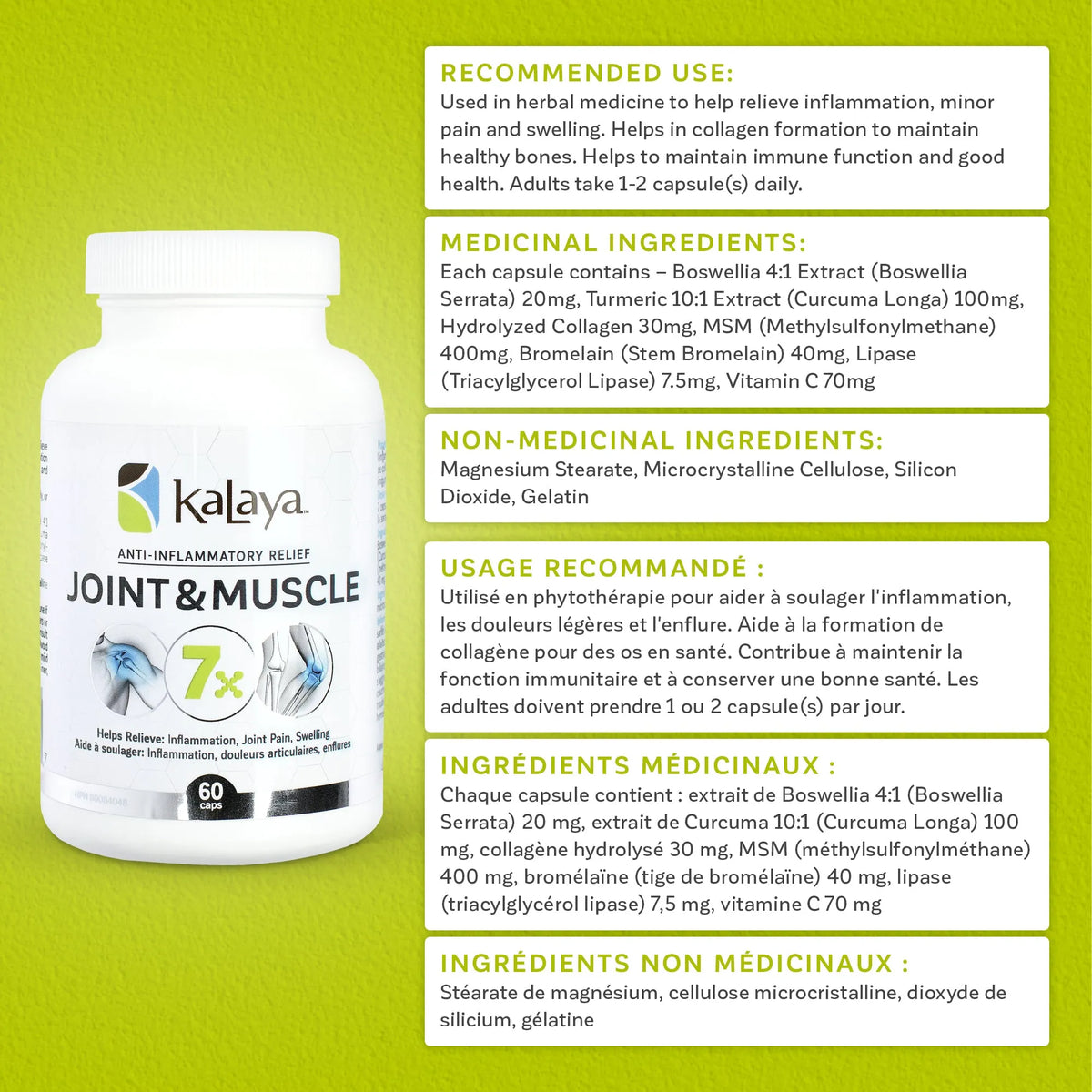 Kalaya 7x Joint & Muscle Support supplement facts and ingredients panel — 60 capsules