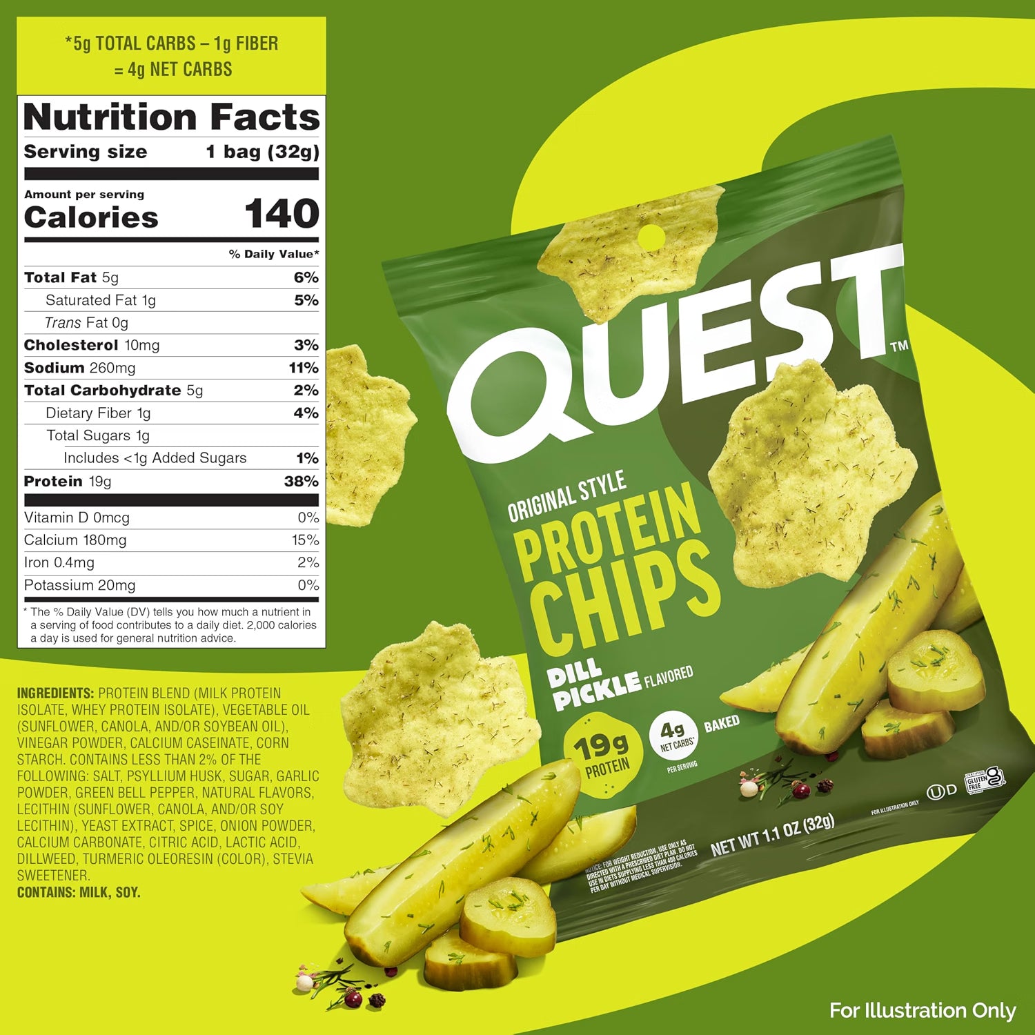 Quest Protein Chips Dill Pickle Nutrition Facts panel beside green bag, 140 calories per bag