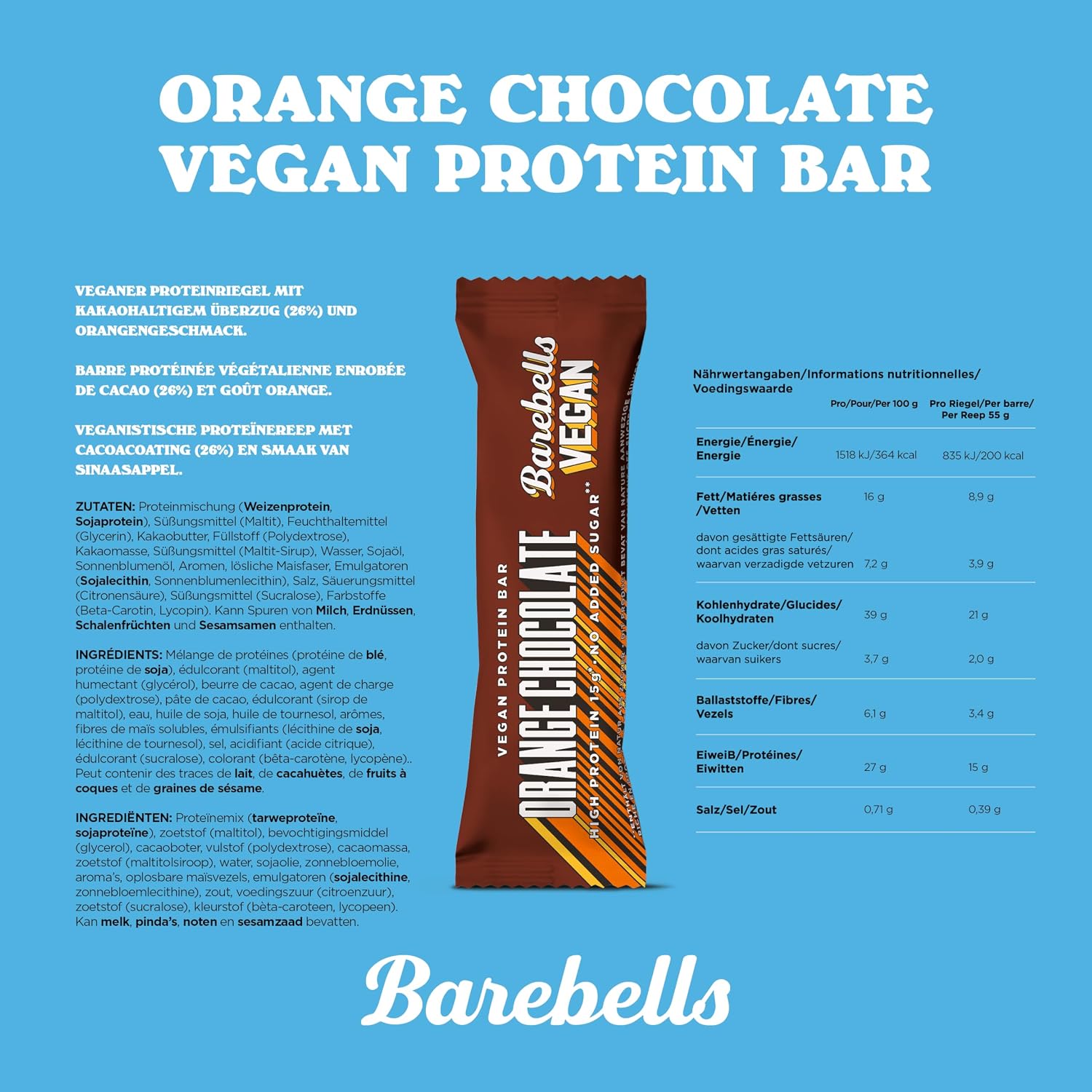 Barebells VEGAN Protein Bar Orange Chocolate — nutrition and ingredients info, 15g protein, 200 cal per bar