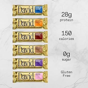 David Protein Bars lineup of six flavors — 28g protein, 150 calories, 0g sugar, gluten free