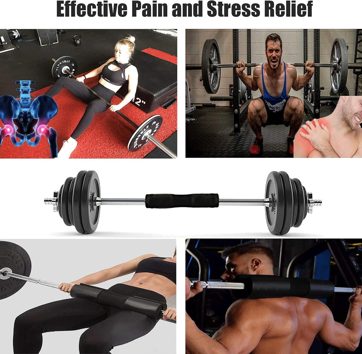 Foam barbell pad wrapped over an Olympic bar for hip thrusts with two Velcro safety straps secured