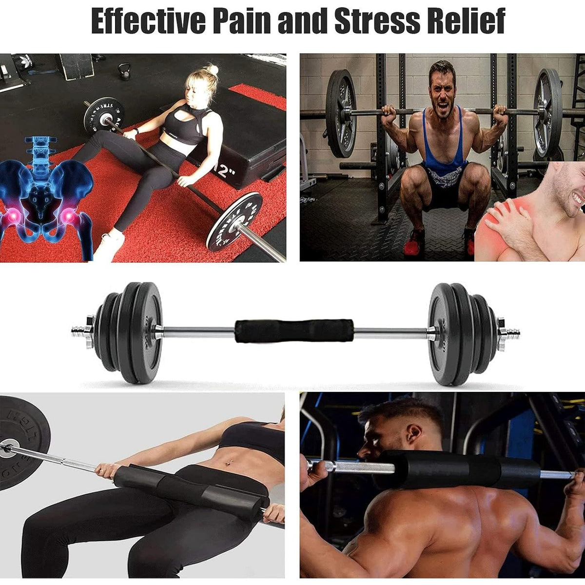 Foam barbell pad wrapped over an Olympic bar for hip thrusts with two Velcro safety straps secured