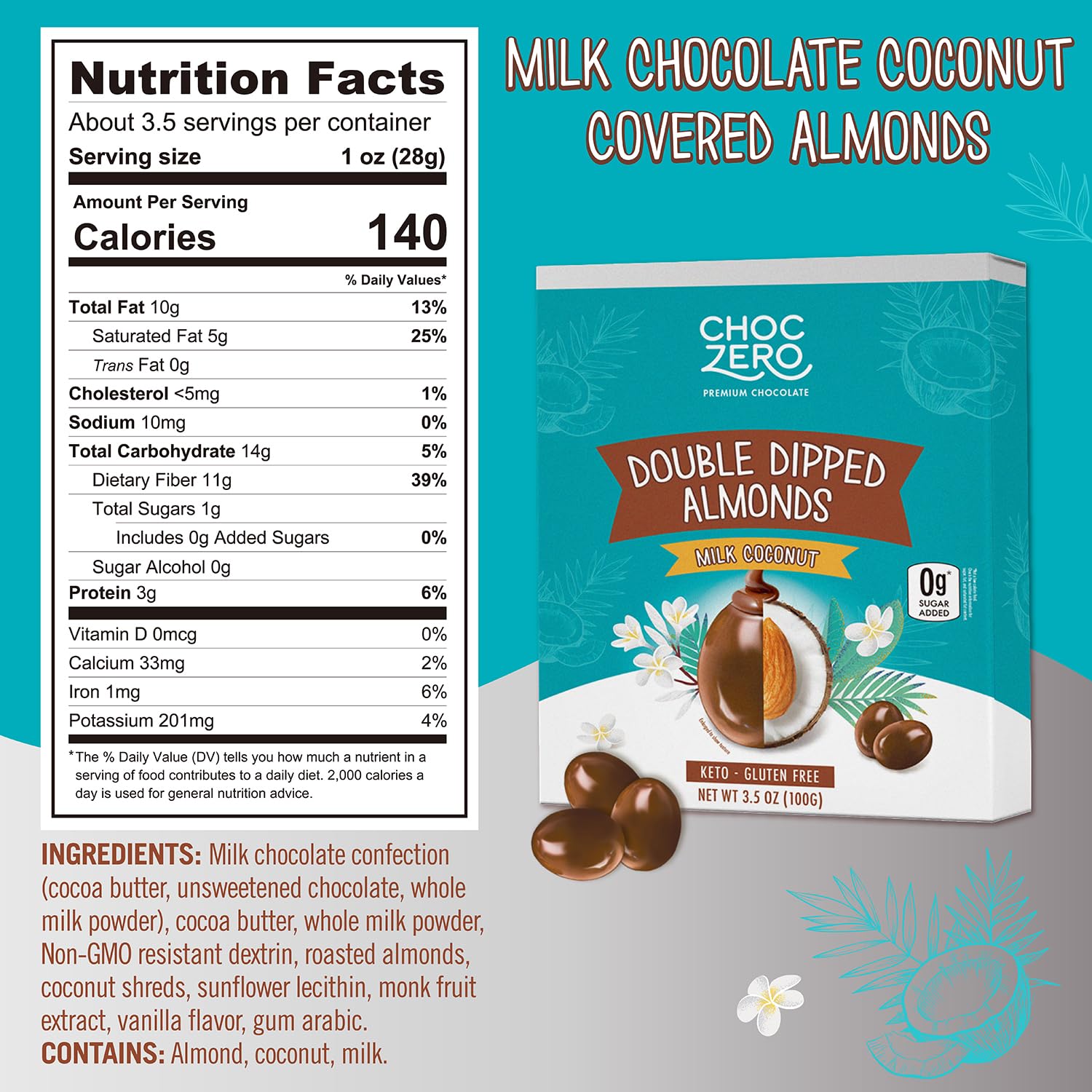 ChocZero Keto Milk Chocolate Covered COCONUT Almonds (100g)